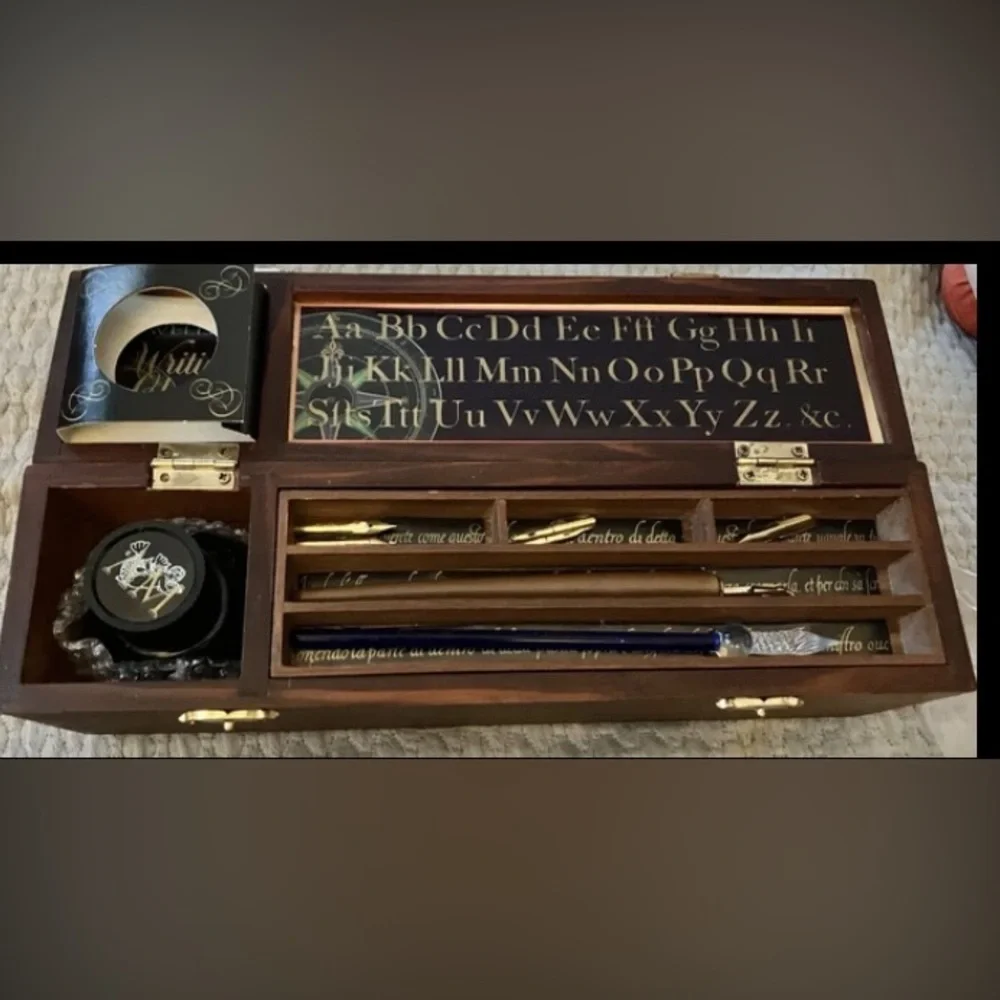 Traveller's Writing Chest w/ Calligraphy Tools Wood Box Ink + Glass Writing Pen